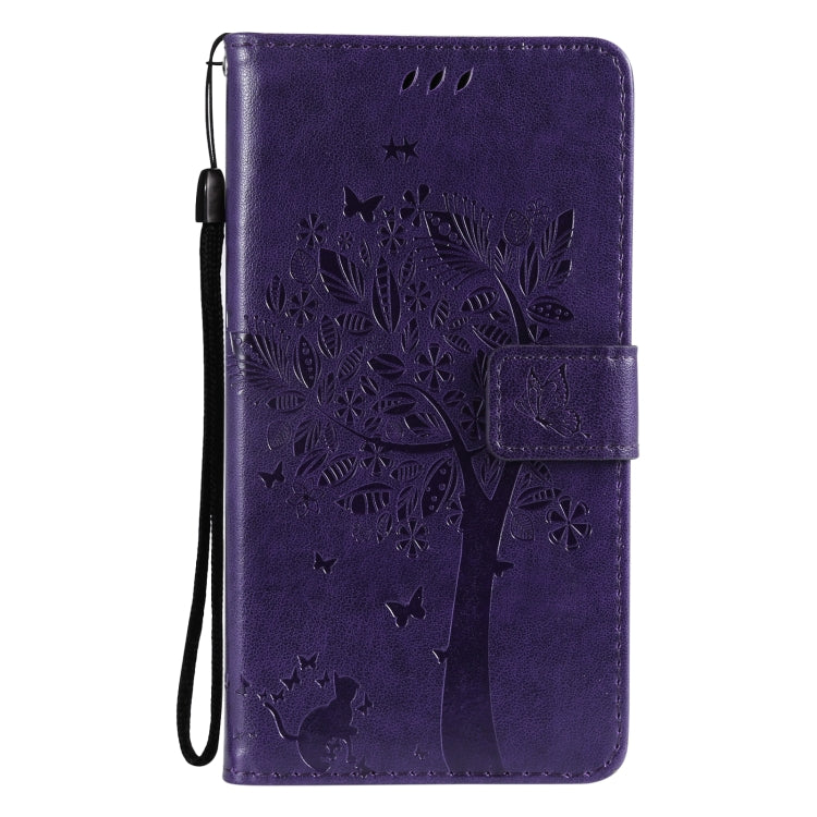 For Samsung Galaxy S21 5G Tree & Cat Pattern Pressed Printing Horizontal Flip PU Leather Case with Holder & Card Slots & Wallet & Lanyard(Purple) by buy2fix