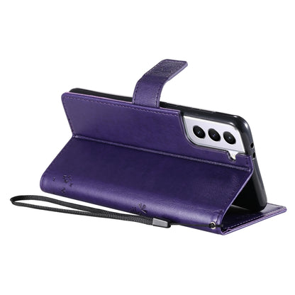 For Samsung Galaxy S21 5G Tree & Cat Pattern Pressed Printing Horizontal Flip PU Leather Case with Holder & Card Slots & Wallet & Lanyard(Purple) by buy2fix