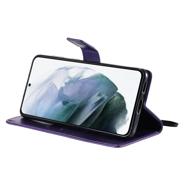 For Samsung Galaxy S21 5G Tree & Cat Pattern Pressed Printing Horizontal Flip PU Leather Case with Holder & Card Slots & Wallet & Lanyard(Purple) by buy2fix