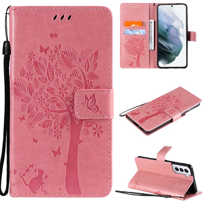 For Samsung Galaxy S21 5G Tree & Cat Pattern Pressed Printing Horizontal Flip PU Leather Case with Holder & Card Slots & Wallet & Lanyard(Pink) by buy2fix