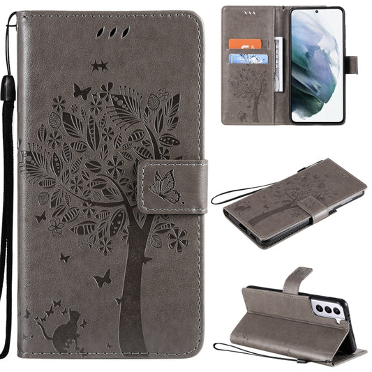 For Samsung Galaxy S21 5G Tree & Cat Pattern Pressed Printing Horizontal Flip PU Leather Case with Holder & Card Slots & Wallet & Lanyard(Gray) by buy2fix