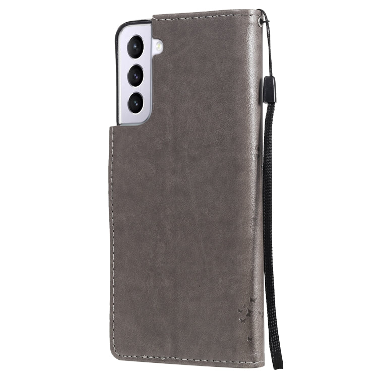 For Samsung Galaxy S21 5G Tree & Cat Pattern Pressed Printing Horizontal Flip PU Leather Case with Holder & Card Slots & Wallet & Lanyard(Gray) by buy2fix