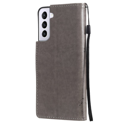 For Samsung Galaxy S21 5G Tree & Cat Pattern Pressed Printing Horizontal Flip PU Leather Case with Holder & Card Slots & Wallet & Lanyard(Gray) by buy2fix