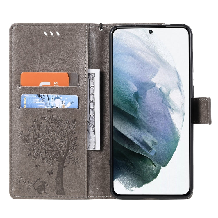 For Samsung Galaxy S21 5G Tree & Cat Pattern Pressed Printing Horizontal Flip PU Leather Case with Holder & Card Slots & Wallet & Lanyard(Gray) by buy2fix