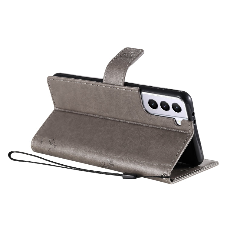 For Samsung Galaxy S21 5G Tree & Cat Pattern Pressed Printing Horizontal Flip PU Leather Case with Holder & Card Slots & Wallet & Lanyard(Gray) by buy2fix