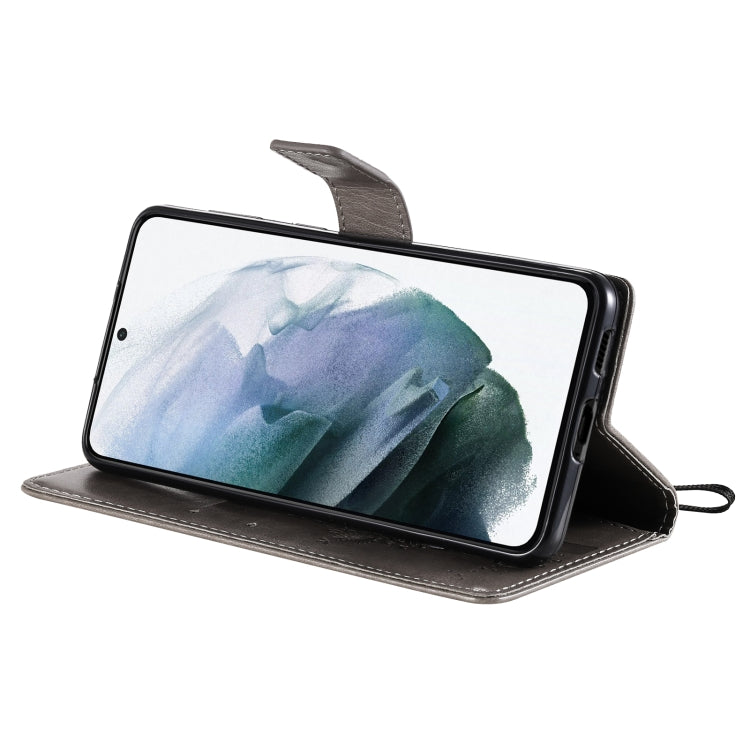 For Samsung Galaxy S21 5G Tree & Cat Pattern Pressed Printing Horizontal Flip PU Leather Case with Holder & Card Slots & Wallet & Lanyard(Gray) by buy2fix