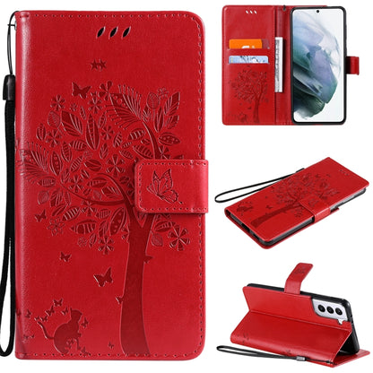 For Samsung Galaxy S21 5G Tree & Cat Pattern Pressed Printing Horizontal Flip PU Leather Case with Holder & Card Slots & Wallet & Lanyard(Red) by buy2fix