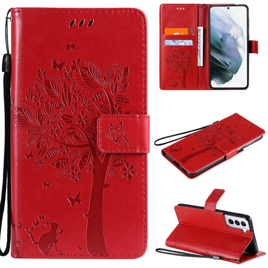 For Samsung Galaxy S21 5G Tree & Cat Pattern Pressed Printing Horizontal Flip PU Leather Case with Holder & Card Slots & Wallet & Lanyard(Red) by buy2fix