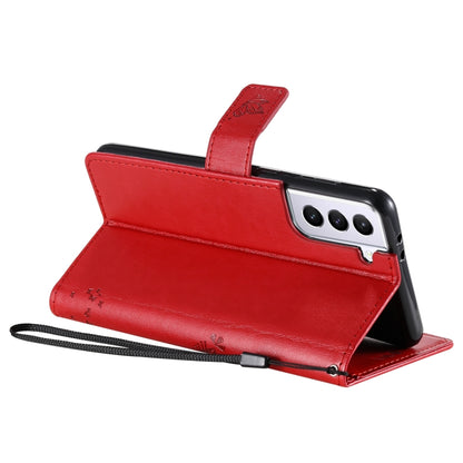 For Samsung Galaxy S21 5G Tree & Cat Pattern Pressed Printing Horizontal Flip PU Leather Case with Holder & Card Slots & Wallet & Lanyard(Red) by buy2fix