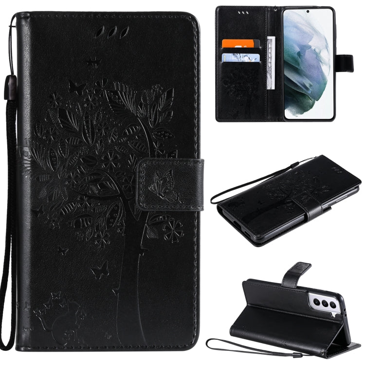 For Samsung Galaxy S21 5G Tree & Cat Pattern Pressed Printing Horizontal Flip PU Leather Case with Holder & Card Slots & Wallet & Lanyard(Black) by buy2fix