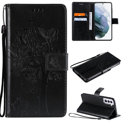 For Samsung Galaxy S21 5G Tree & Cat Pattern Pressed Printing Horizontal Flip PU Leather Case with Holder & Card Slots & Wallet & Lanyard(Black) by buy2fix