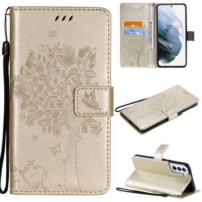 For Samsung Galaxy S21 5G Tree & Cat Pattern Pressed Printing Horizontal Flip PU Leather Case with Holder & Card Slots & Wallet & Lanyard(Gold) by buy2fix