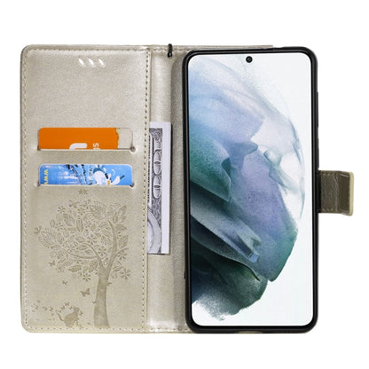 For Samsung Galaxy S21 5G Tree & Cat Pattern Pressed Printing Horizontal Flip PU Leather Case with Holder & Card Slots & Wallet & Lanyard(Gold) by buy2fix