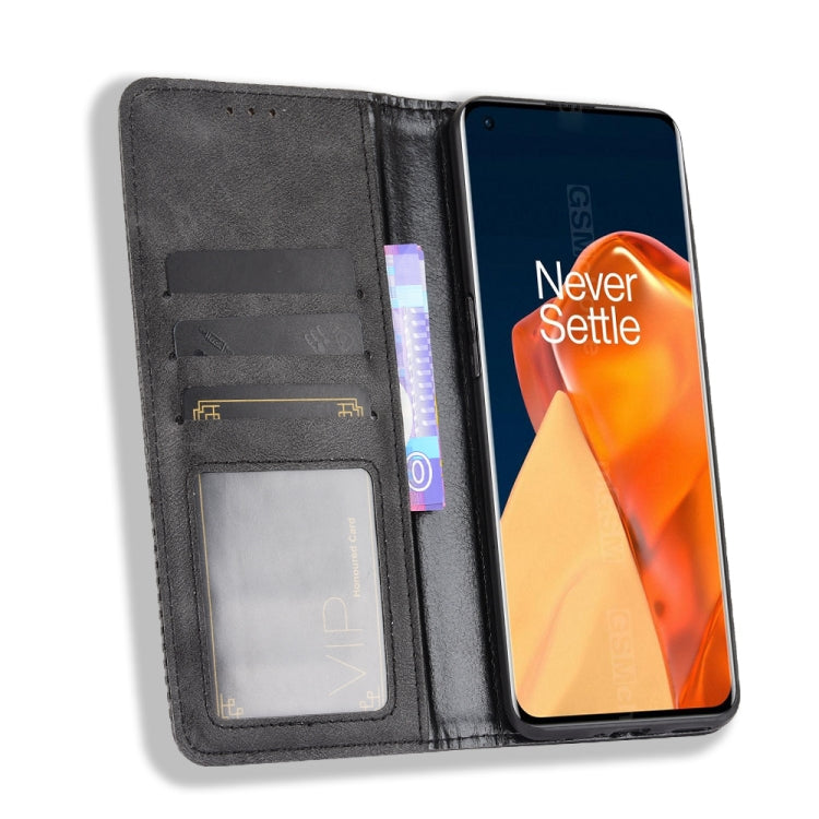 For OnePlus 9 Pro Magnetic Buckle Retro Crazy Horse Texture Horizontal Flip Leather Case with Holder & Card Slots & Photo Frame(Black) - OnePlus Cases by buy2fix | Online Shopping UK | buy2fix
