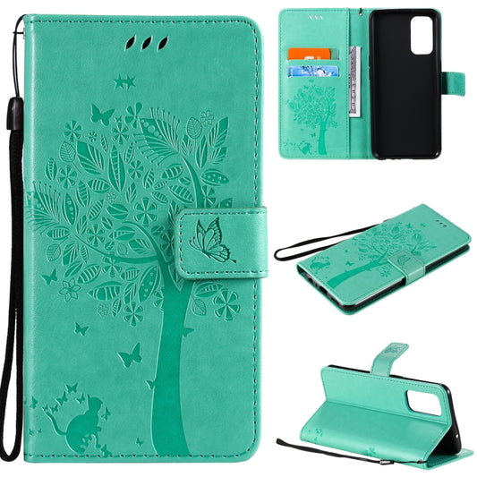 For OPPO Reno5 5G Tree & Cat Pattern Pressed Printing Horizontal Flip PU Leather Case with Holder & Card Slots & Wallet & Lanyard(Green) - OPPO Cases by buy2fix | Online Shopping UK | buy2fix