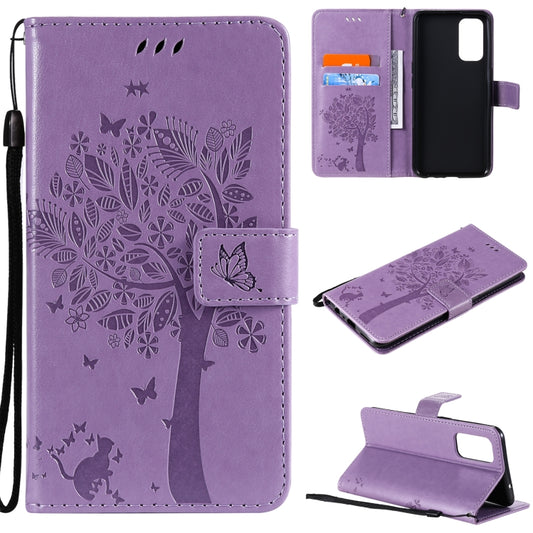 For OPPO Reno5 5G Tree & Cat Pattern Pressed Printing Horizontal Flip PU Leather Case with Holder & Card Slots & Wallet & Lanyard(Light Purple) - OPPO Cases by buy2fix | Online Shopping UK | buy2fix