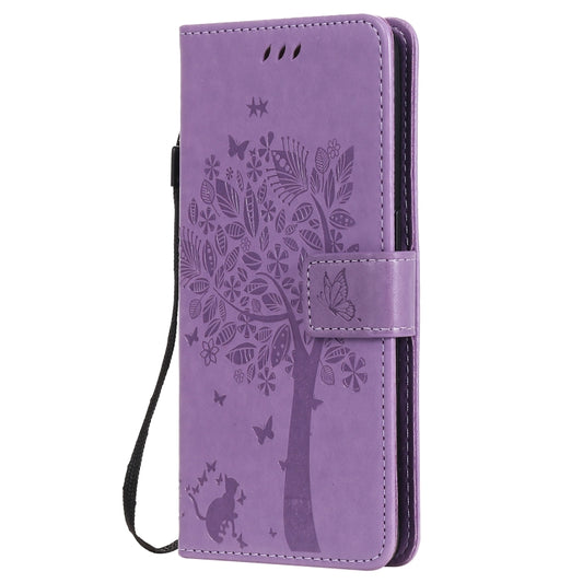 For OPPO Reno5 5G Tree & Cat Pattern Pressed Printing Horizontal Flip PU Leather Case with Holder & Card Slots & Wallet & Lanyard(Light Purple) - OPPO Cases by buy2fix | Online Shopping UK | buy2fix
