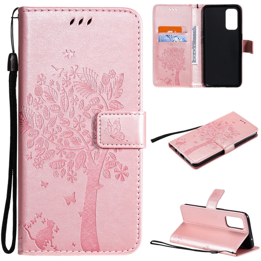 For OPPO Reno5 5G Tree & Cat Pattern Pressed Printing Horizontal Flip PU Leather Case with Holder & Card Slots & Wallet & Lanyard(Rose Gold) - OPPO Cases by buy2fix | Online Shopping UK | buy2fix