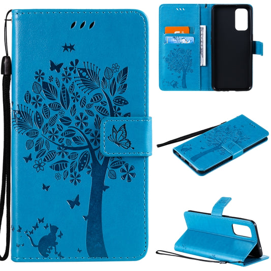 For OPPO Reno5 5G Tree & Cat Pattern Pressed Printing Horizontal Flip PU Leather Case with Holder & Card Slots & Wallet & Lanyard(Blue) - OPPO Cases by buy2fix | Online Shopping UK | buy2fix