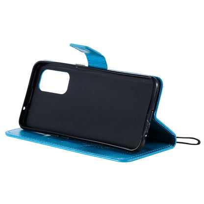 For OPPO Reno5 5G Tree & Cat Pattern Pressed Printing Horizontal Flip PU Leather Case with Holder & Card Slots & Wallet & Lanyard(Blue) - OPPO Cases by buy2fix | Online Shopping UK | buy2fix