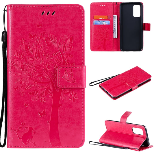 For OPPO Reno5 5G Tree & Cat Pattern Pressed Printing Horizontal Flip PU Leather Case with Holder & Card Slots & Wallet & Lanyard(Rose Red) - OPPO Cases by buy2fix | Online Shopping UK | buy2fix