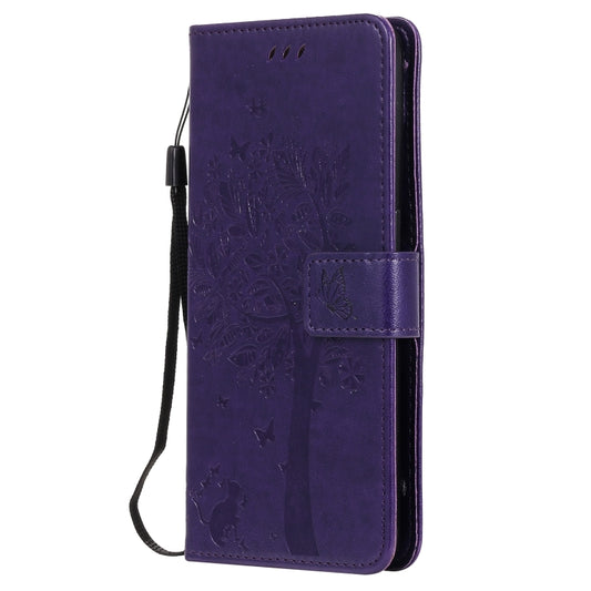 For OPPO Reno5 5G Tree & Cat Pattern Pressed Printing Horizontal Flip PU Leather Case with Holder & Card Slots & Wallet & Lanyard(Purple) - OPPO Cases by buy2fix | Online Shopping UK | buy2fix