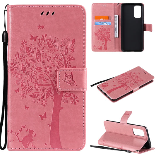 For OPPO Reno5 5G Tree & Cat Pattern Pressed Printing Horizontal Flip PU Leather Case with Holder & Card Slots & Wallet & Lanyard(Pink) - OPPO Cases by buy2fix | Online Shopping UK | buy2fix
