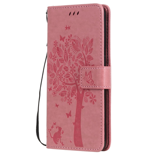 For OPPO Reno5 5G Tree & Cat Pattern Pressed Printing Horizontal Flip PU Leather Case with Holder & Card Slots & Wallet & Lanyard(Pink) - OPPO Cases by buy2fix | Online Shopping UK | buy2fix