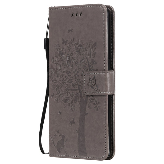 For OPPO Reno5 5G Tree & Cat Pattern Pressed Printing Horizontal Flip PU Leather Case with Holder & Card Slots & Wallet & Lanyard(Gray) - OPPO Cases by buy2fix | Online Shopping UK | buy2fix