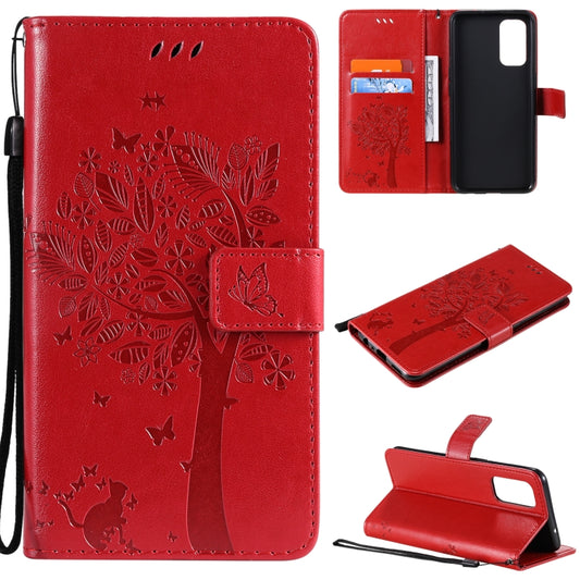 For OPPO Reno5 5G Tree & Cat Pattern Pressed Printing Horizontal Flip PU Leather Case with Holder & Card Slots & Wallet & Lanyard(Red) - OPPO Cases by buy2fix | Online Shopping UK | buy2fix
