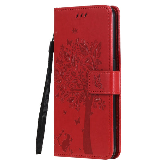 For OPPO Reno5 5G Tree & Cat Pattern Pressed Printing Horizontal Flip PU Leather Case with Holder & Card Slots & Wallet & Lanyard(Red) - OPPO Cases by buy2fix | Online Shopping UK | buy2fix