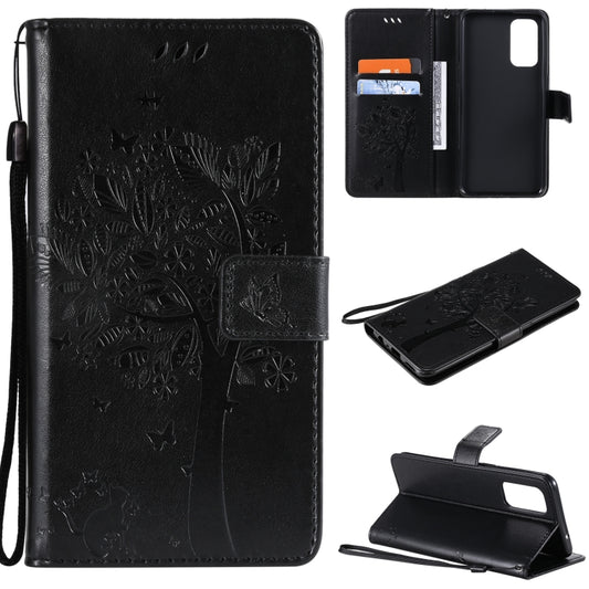 For OPPO Reno5 5G Tree & Cat Pattern Pressed Printing Horizontal Flip PU Leather Case with Holder & Card Slots & Wallet & Lanyard(Black) - OPPO Cases by buy2fix | Online Shopping UK | buy2fix