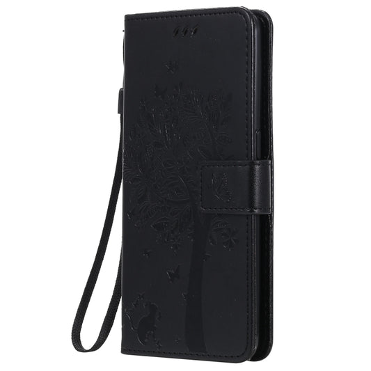 For OPPO Reno5 5G Tree & Cat Pattern Pressed Printing Horizontal Flip PU Leather Case with Holder & Card Slots & Wallet & Lanyard(Black) - OPPO Cases by buy2fix | Online Shopping UK | buy2fix