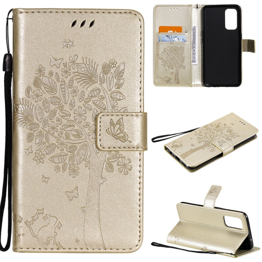 For OPPO Reno5 5G Tree & Cat Pattern Pressed Printing Horizontal Flip PU Leather Case with Holder & Card Slots & Wallet & Lanyard(Gold) - OPPO Cases by buy2fix | Online Shopping UK | buy2fix