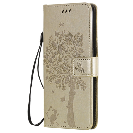 For OPPO Reno5 5G Tree & Cat Pattern Pressed Printing Horizontal Flip PU Leather Case with Holder & Card Slots & Wallet & Lanyard(Gold) - OPPO Cases by buy2fix | Online Shopping UK | buy2fix