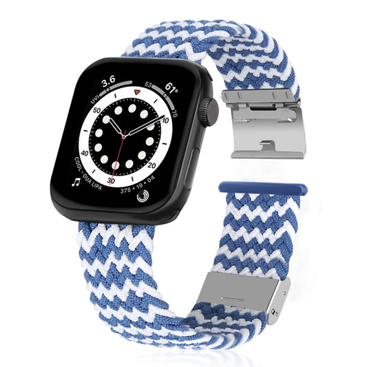 Braided + Stainless Steel Watch Band For Apple Watch Series 7 45mm / 6 & SE & 5 & 4 44mm / 3 & 2 & 1 42mm(Horizontal Blue White) by buy2fix