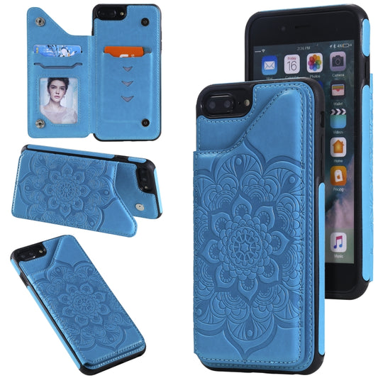 Flower Embossing Pattern Shockproof Protective Case with Holder & Card Slots & Photo Frame For iPhone 8 Plus / 7 Plus(Blue) - More iPhone Cases by buy2fix | Online Shopping UK | buy2fix