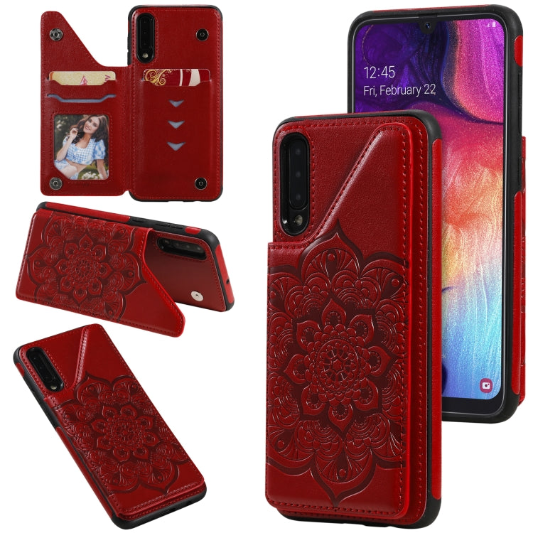 For Samsung Galaxy A50 Flower Embossing Pattern Shockproof Protective Case with Holder & Card Slots & Photo Frame(Red) by buy2fix
