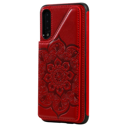 For Samsung Galaxy A50 Flower Embossing Pattern Shockproof Protective Case with Holder & Card Slots & Photo Frame(Red) by buy2fix