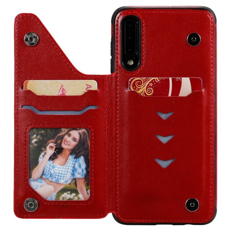 For Samsung Galaxy A50 Flower Embossing Pattern Shockproof Protective Case with Holder & Card Slots & Photo Frame(Red) by buy2fix