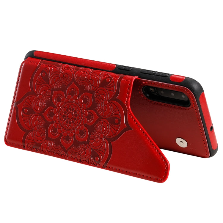 For Samsung Galaxy A50 Flower Embossing Pattern Shockproof Protective Case with Holder & Card Slots & Photo Frame(Red) by buy2fix