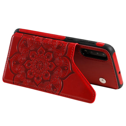 For Samsung Galaxy A50 Flower Embossing Pattern Shockproof Protective Case with Holder & Card Slots & Photo Frame(Red) by buy2fix