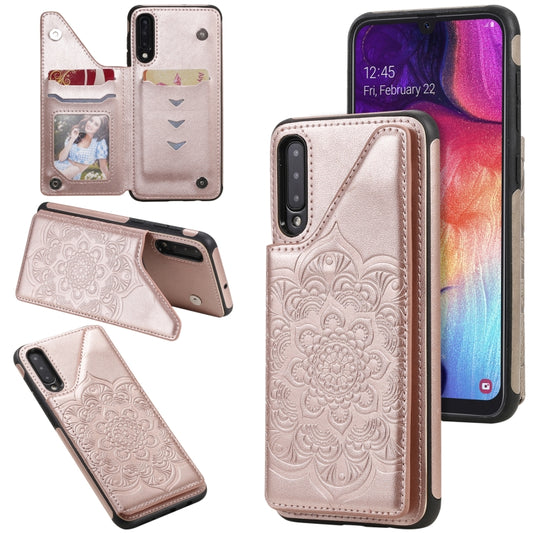 For Samsung Galaxy A50 Flower Embossing Pattern Shockproof Protective Case with Holder & Card Slots & Photo Frame(Rose Gold) by buy2fix