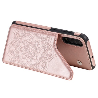 For Samsung Galaxy A50 Flower Embossing Pattern Shockproof Protective Case with Holder & Card Slots & Photo Frame(Rose Gold) by buy2fix