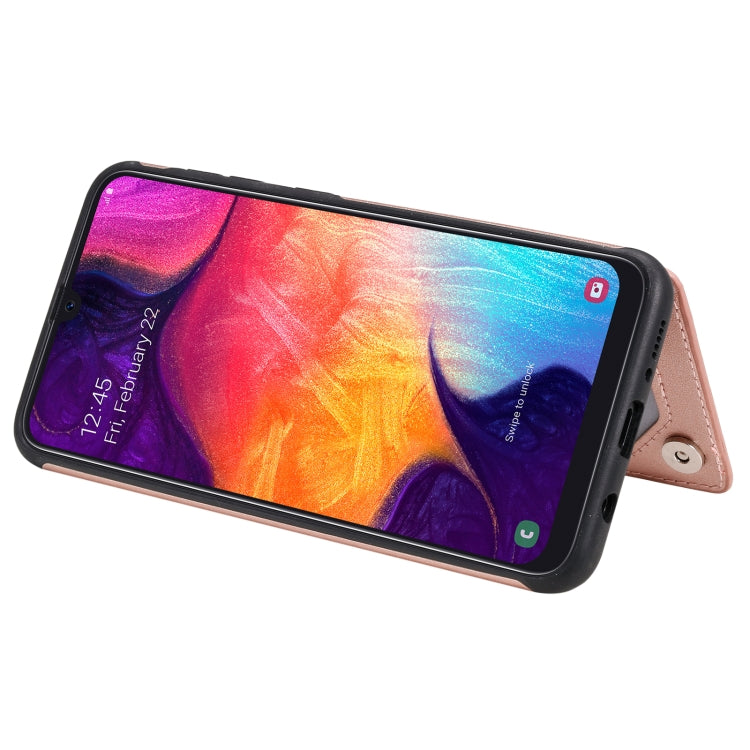 For Samsung Galaxy A50 Flower Embossing Pattern Shockproof Protective Case with Holder & Card Slots & Photo Frame(Rose Gold) by buy2fix