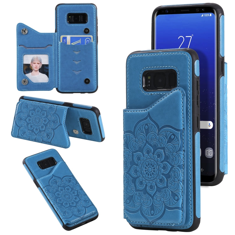 For Samsung Galaxy S8 Flower Embossing Pattern Shockproof Protective Case with Holder & Card Slots & Photo Frame(Blue) by buy2fix