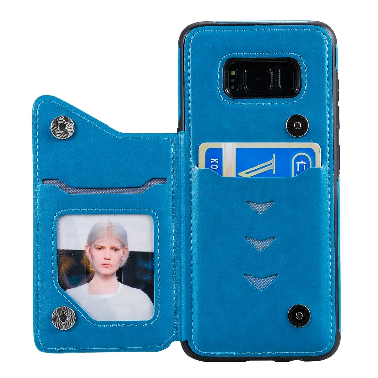 For Samsung Galaxy S8 Flower Embossing Pattern Shockproof Protective Case with Holder & Card Slots & Photo Frame(Blue) by buy2fix