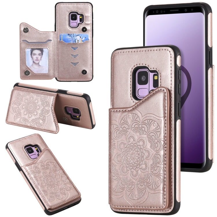 For Samsung Galaxy S9 Flower Embossing Pattern Shockproof Protective Case with Holder & Card Slots & Photo Frame(Rose Gold) by buy2fix