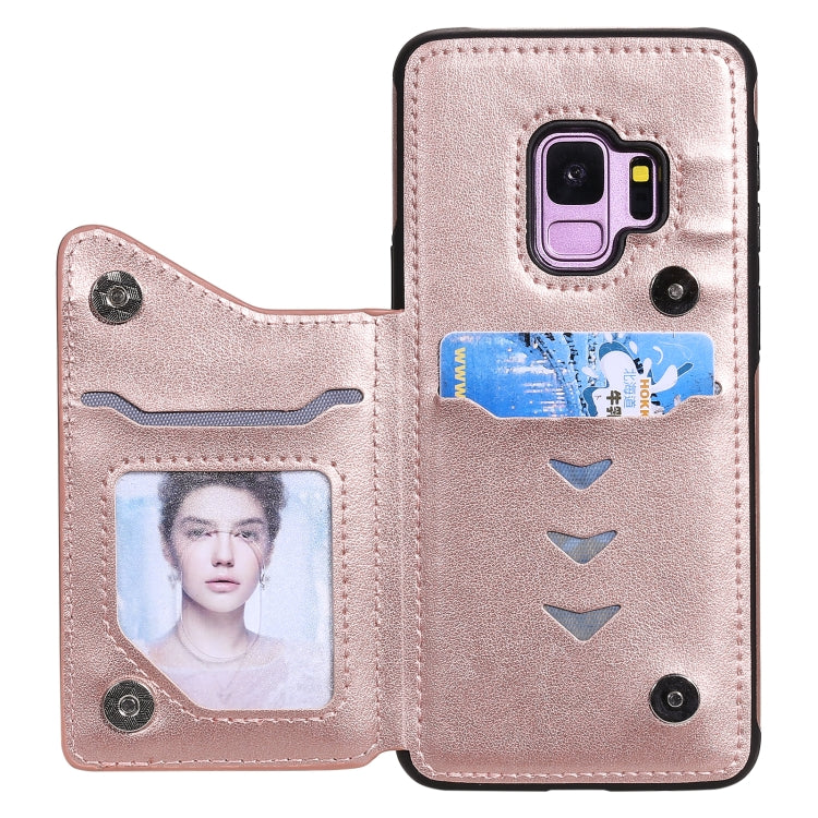 For Samsung Galaxy S9 Flower Embossing Pattern Shockproof Protective Case with Holder & Card Slots & Photo Frame(Rose Gold) by buy2fix