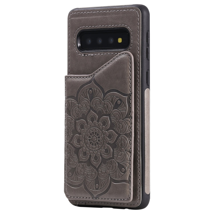 For Samsung Galaxy S10 5G Flower Embossing Pattern Shockproof Protective Case with Holder & Card Slots & Photo Frame(Grey) by buy2fix